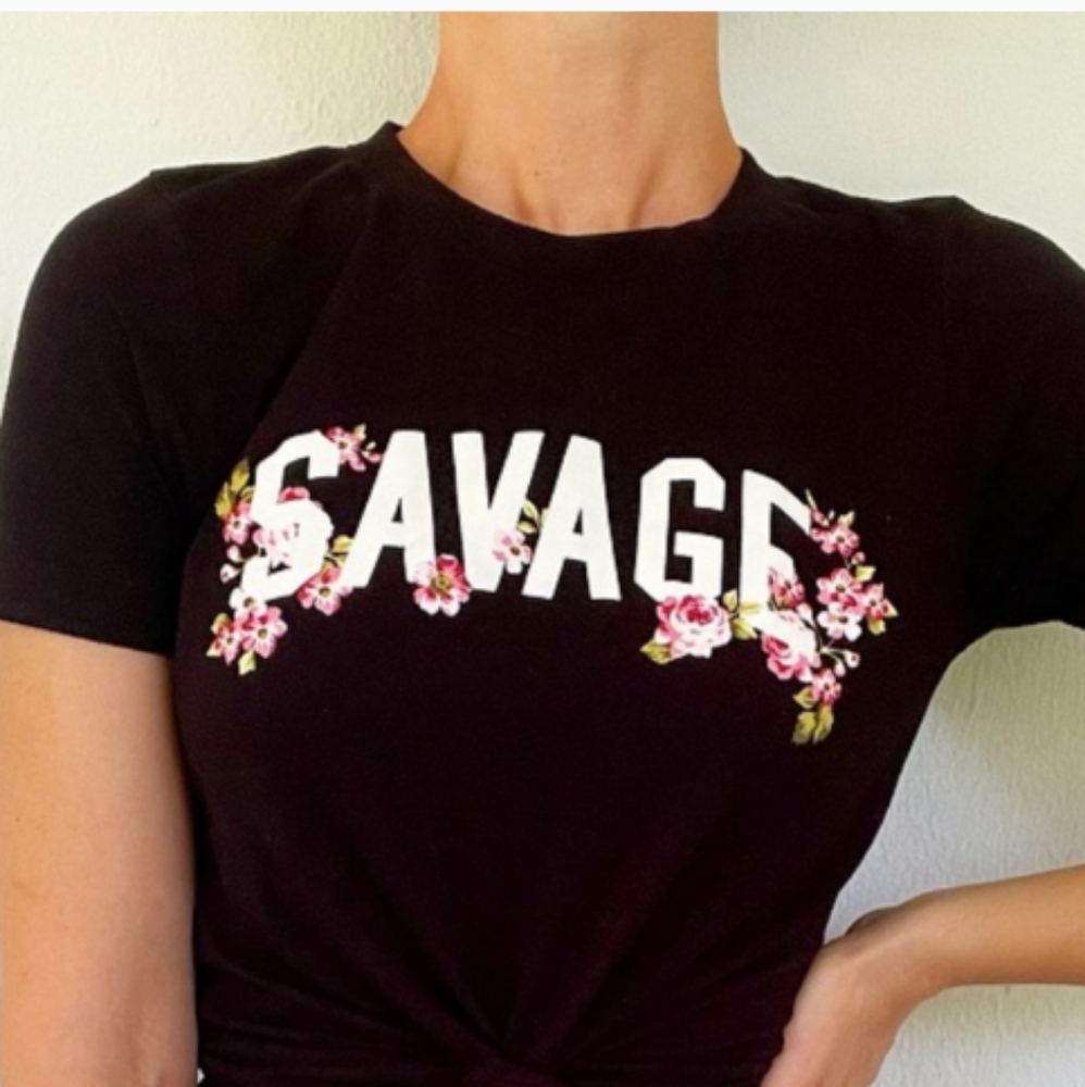 Modern Lux Black 'Savage' Tee with Floral Accents
